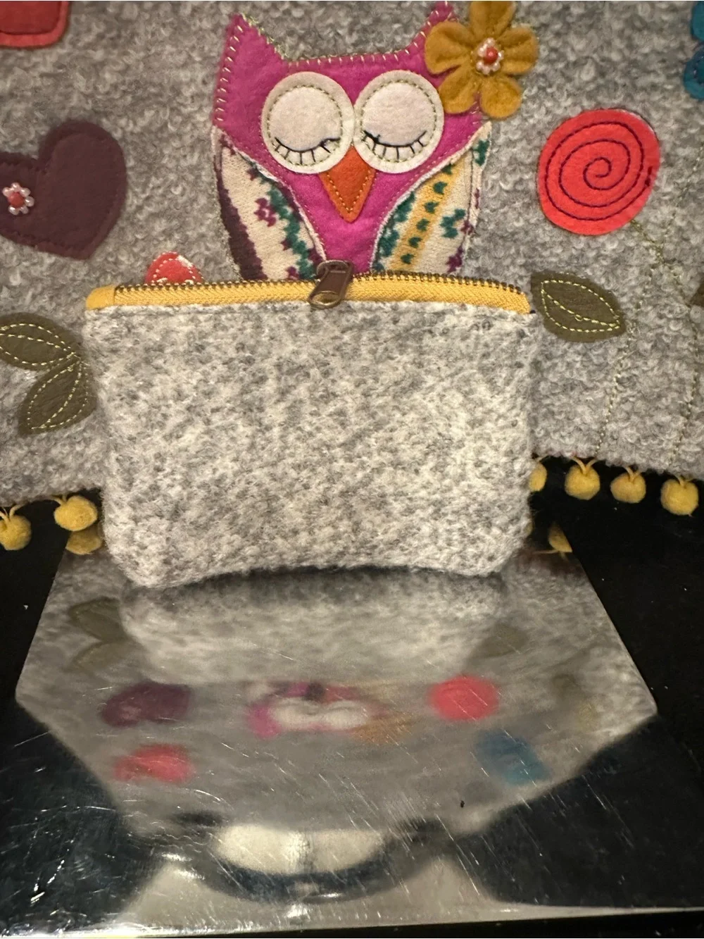 Felted Owl # 320 Applique Tote with Matching Wristlet - Yellow Accents